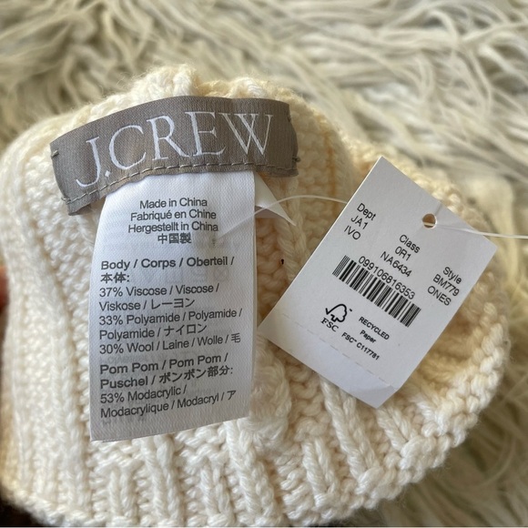 J. Crew Ivory Wool Blend Ribbed Faux Fur Pom-Pom Beanie Hat BM779 NWT One Size main image 4